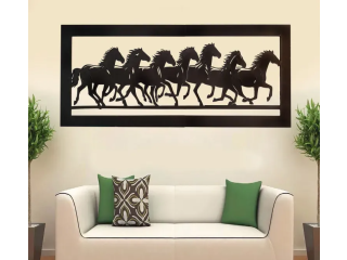 Ressence Enterprises Seven Horse Long Wooden Wall Art for Good Luck and Fortune In Black 4 Feet