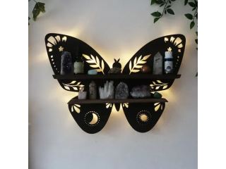 LED Butterfly Shelf Beautiful Wooden Wall Art Easy To Install Home Decor Double Layer Shelves in Brown 2FT
