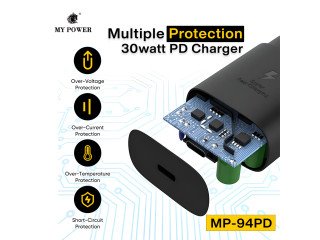 My Power 30 Watt PD Adaptor , Pd Charger, Type C Output Charger Black colour MP94pd Dock Round Indian Pin