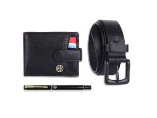 Hammonds Flycatcher Leather Wallet Belt and pen Combo Gift Set For Men (502 blk 8001 blk)