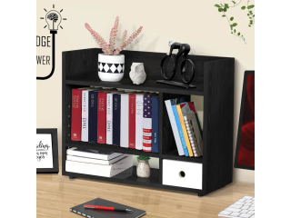 Ressence Table Top Book Stationery Rack Book Stand Small Wooden Multi Layer Shelf For Bedroom Or Office in Black